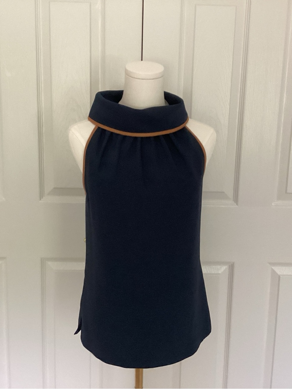 Sail to Sable Navy Cowl Neck top with Tan suede piping